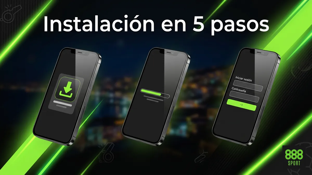 Tres pantallas de celular mostrando los pasos de instalación de la app 888sport en Chile