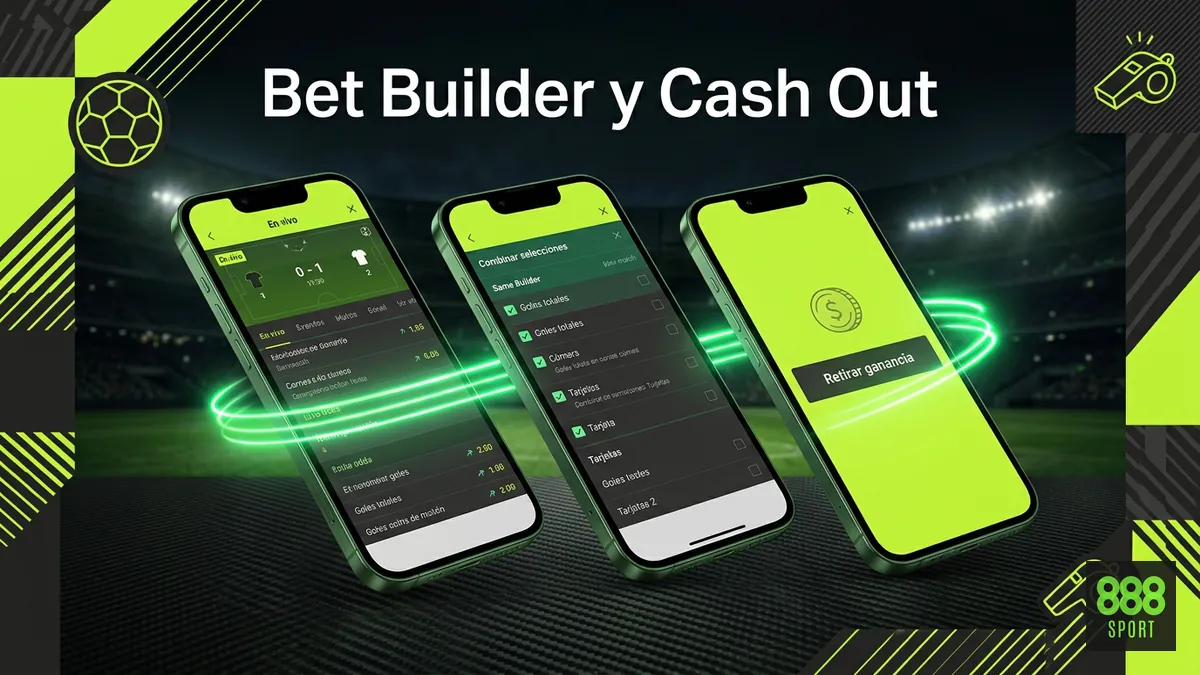 Secuencia de pantallas de Bet Builder y Cash Out en la app de 888sport para Chile