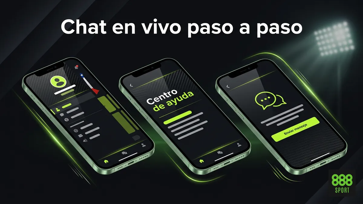 Tres pantallas de celular mostrando los pasos para llegar al chat en vivo de 888sport en Chile