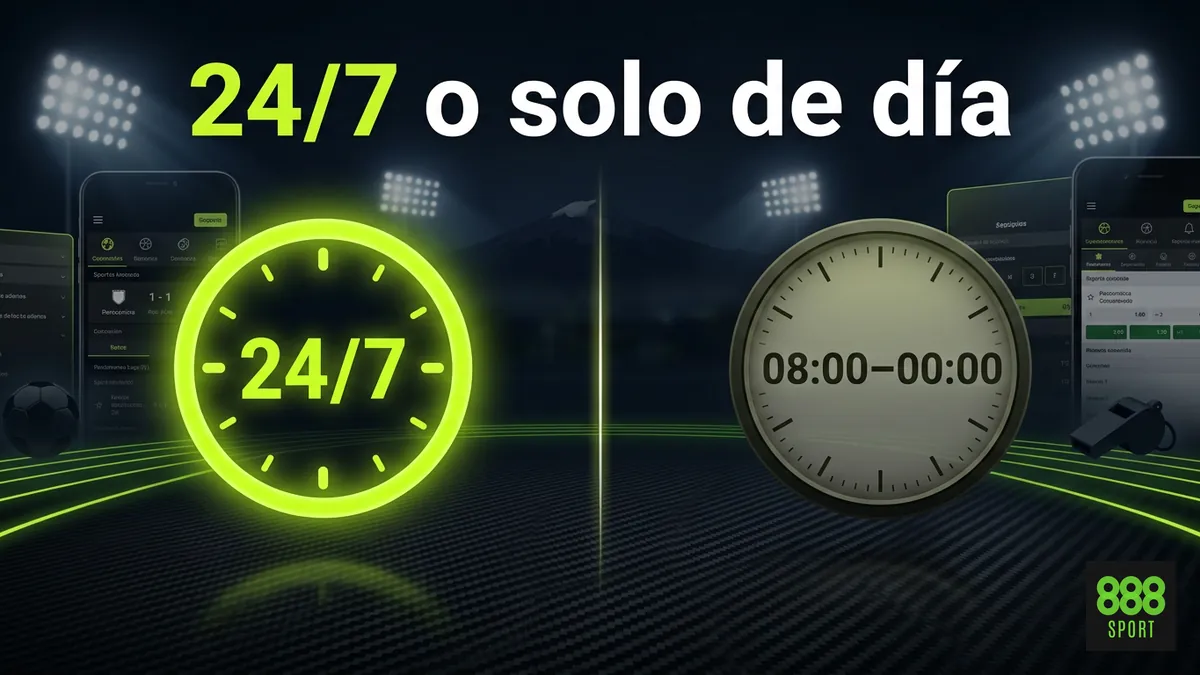 Comparación visual entre el soporte 24/7 anunciado y el horario real 08:00 a 00:00 de 888sport Chile