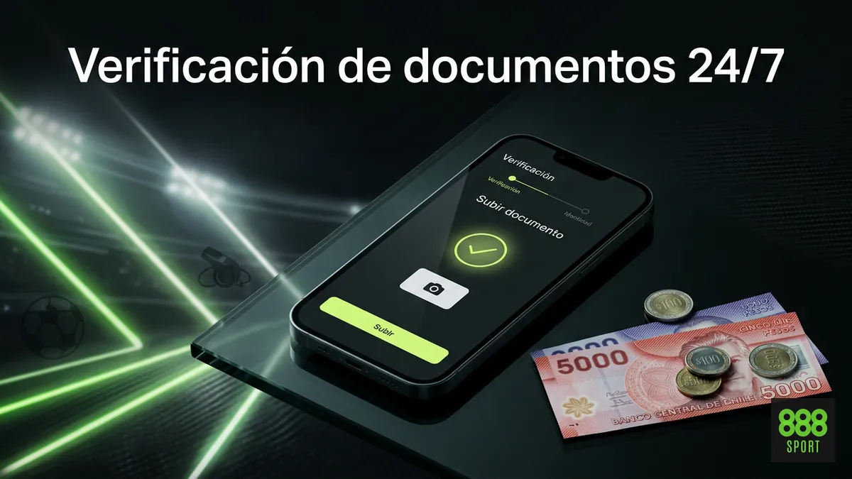 Pantalla de verificación de documentos KYC disponible las 24 horas en 888sport Chile