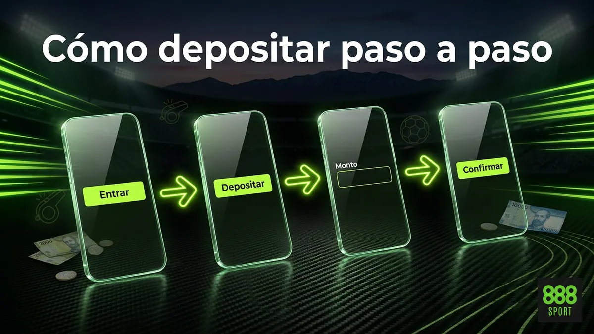 Secuencia de pantallas mostrando el paso a paso para depositar en 888sport Chile