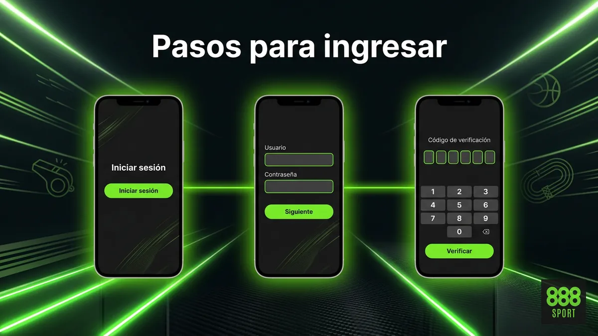 Secuencia de pantallas de celular mostrando los pasos para iniciar sesión y verificación en dos pasos en 888sport Chile