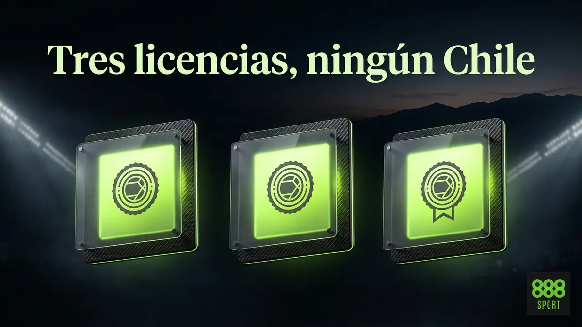 Tres paneles de licencia iluminados en verde representando las licencias internacionales de 888sport, ninguna emitida para Chile