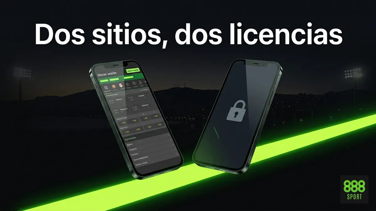 Dos pantallas de teléfono mostrando un inicio de sesión en español y una pantalla bloqueada, comparando las versiones internacional y española de 888sport