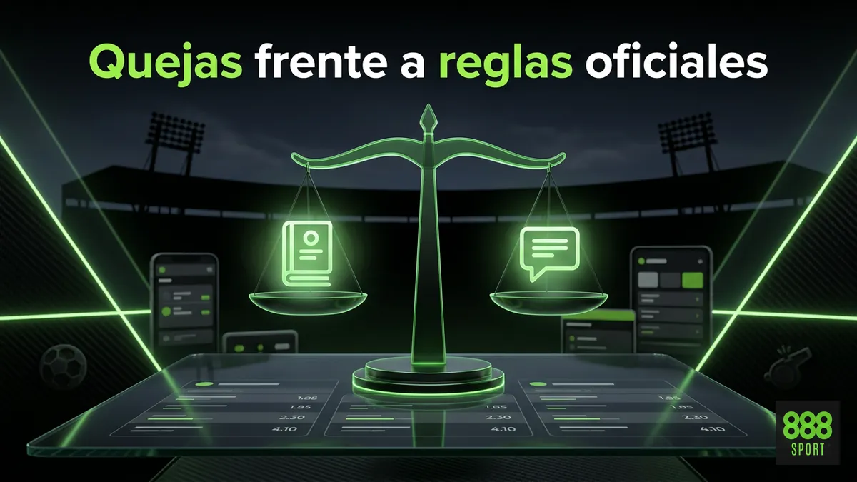 Ilustración de reglas oficiales de 888sport frente a las quejas más repetidas de los usuarios