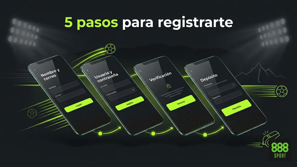Los 5 pasos del registro en 888sport Chile mostrados en pantallas de celular