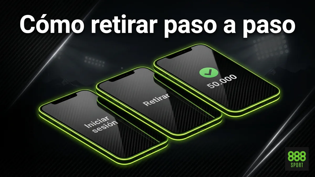 Tres pasos en pantalla para retirar dinero en 888sport Chile: iniciar sesión, caja y confirmar